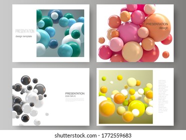 Vector layout of presentation slides design templates, multipurpose template for presentation brochure, business report. Abstract futuristic background with colorful 3d spheres, glossy bubbles, balls.