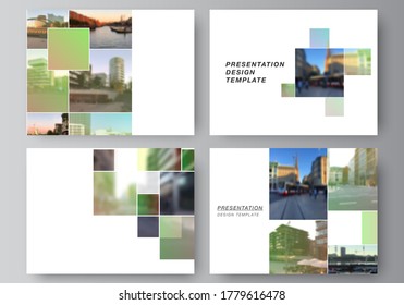 Vector layout of the presentation slides design business templates, multipurpose template for presentation brochure, brochure cover. Abstract project with clipping mask green squares for your photo.