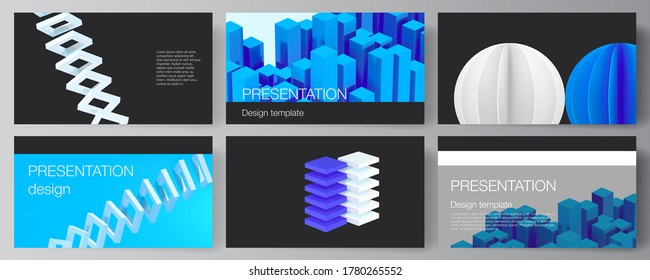 Vector layout of presentation slides design templates, template for presentation brochure, brochure cover, business report. 3d render vector composition with dynamic geometric blue shapes in motion.