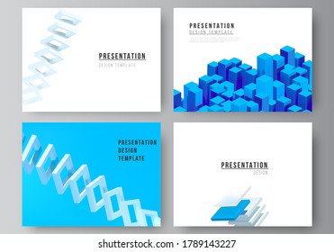 Vector layout of presentation slides design templates, template for presentation brochure, brochure cover, business report. 3d render vector composition with dynamic geometric blue shapes in motion.