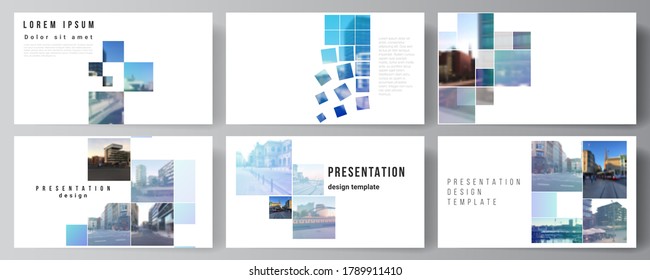 Vector layout of the presentation slides design business templates, multipurpose template for presentation brochure, brochure cover. Abstract design project in geometric style with blue squares.