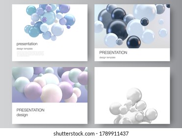 Vector layout of the presentation slides design business templates, multipurpose template for presentation brochure, report. Realistic vector background with multicolored 3d spheres, bubbles, balls.
