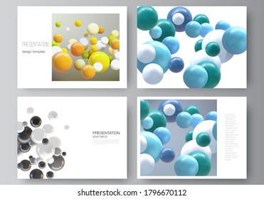 Vector layout of the presentation slides design business templates, multipurpose template for presentation brochure, report. Realistic vector background with multicolored 3d spheres, bubbles, balls.