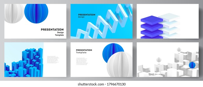 Vector layout of presentation slides design templates, template for presentation brochure, brochure cover, business report. 3d render vector composition with dynamic geometric blue shapes in motion.