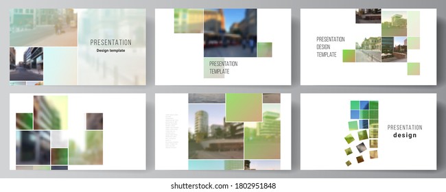 Vector layout of the presentation slides design business templates, multipurpose template for presentation brochure, brochure cover. Abstract project with clipping mask green squares for your photo.