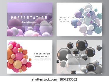 Vector layout of presentation slides design templates, multipurpose template for presentation brochure, business report. Abstract futuristic background with colorful 3d spheres, glossy bubbles, balls.