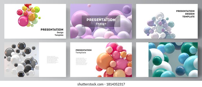 Vector layout of presentation slides design templates, multipurpose template for presentation brochure, business report. Abstract futuristic background with colorful 3d spheres, glossy bubbles, balls.