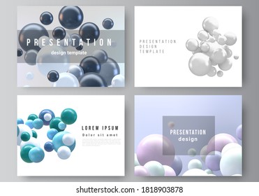 Vector layout of the presentation slides design business templates, multipurpose template for presentation brochure, report. Realistic vector background with multicolored 3d spheres, bubbles, balls.