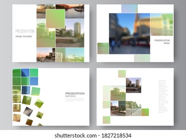 Vector layout of the presentation slides design business templates, multipurpose template for presentation brochure, brochure cover. Abstract project with clipping mask green squares for your photo.
