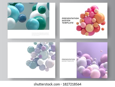 Vector layout of presentation slides design templates, multipurpose template for presentation brochure, business report. Abstract futuristic background with colorful 3d spheres, glossy bubbles, balls.