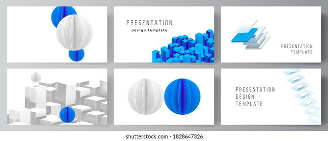 Vector layout of presentation slides design templates, template for presentation brochure, brochure cover, business report. 3d render vector composition with dynamic geometric blue shapes in motion.