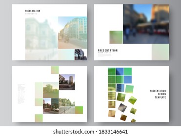 Vector layout of the presentation slides design business templates, multipurpose template for presentation brochure, brochure cover. Abstract project with clipping mask green squares for your photo.