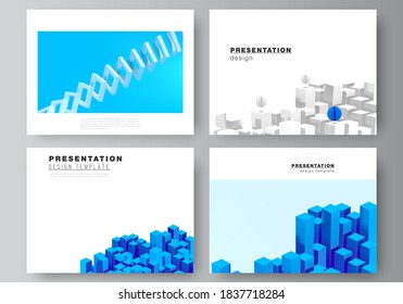 Vector layout of presentation slides design templates, template for presentation brochure, brochure cover, business report. 3d render vector composition with dynamic geometric blue shapes in motion.
