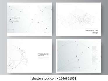 Diseño vectorial de las diapositivas de presentación diseño plantillas de negocio, folleto de plantilla para presentación, portada de folleto, informe. Fondo de tecnología gris con líneas de conexión y puntos. Concepto de red.