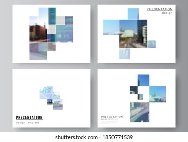 Vector layout of the presentation slides design business templates, multipurpose template for presentation brochure, brochure cover. Abstract design project in geometric style with blue squares.