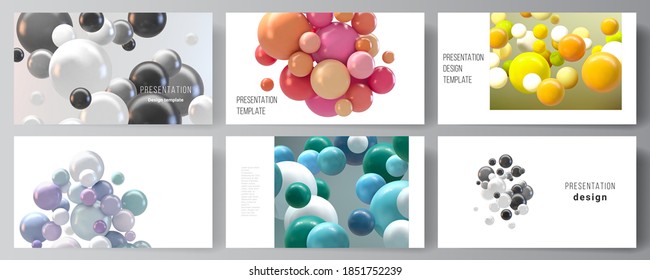Vector layout of presentation slides design templates, multipurpose template for presentation brochure, business report. Abstract futuristic background with colorful 3d spheres, glossy bubbles, balls.