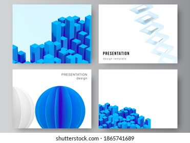 Vector layout of presentation slides design templates, template for presentation brochure, brochure cover, business report. 3d render vector composition with dynamic geometric blue shapes in motion.