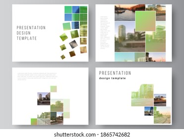 Vector layout of the presentation slides design business templates, multipurpose template for presentation brochure, brochure cover. Abstract project with clipping mask green squares for your photo.