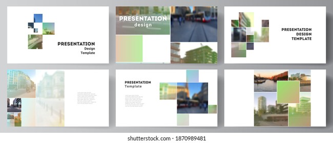 Vector layout of the presentation slides design business templates, multipurpose template for presentation brochure, brochure cover. Abstract project with clipping mask green squares for your photo.