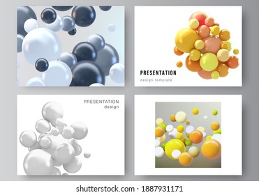 Vector layout of the presentation slides design business templates, multipurpose template for presentation brochure, report. Realistic vector background with multicolored 3d spheres, bubbles, balls.