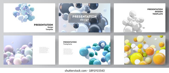 Vector layout of the presentation slides design business templates, multipurpose template for presentation brochure, report. Realistic vector background with multicolored 3d spheres, bubbles, balls.