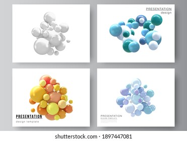 Vector layout of the presentation slides design business templates, multipurpose template for presentation brochure, report. Realistic vector background with multicolored 3d spheres, bubbles, balls.