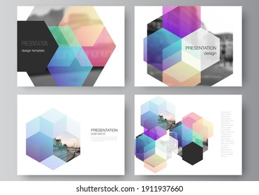 Vector layout of the presentation slides design business templates, multipurpose template with colorful hexagons, geometric shapes, tech background for presentation brochure, brochure cover, report.