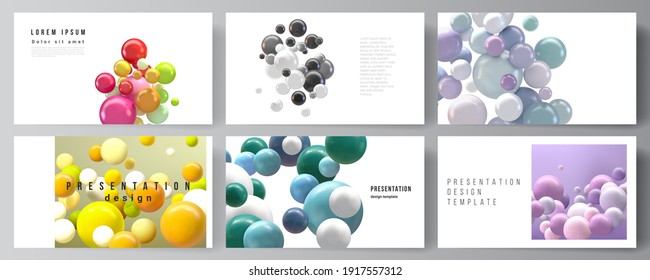 Diseño vectorial de las plantillas de diseño de diapositivas de presentación, plantilla multipropósito para el folleto de presentación, informe comercial. Resumen de fondo futurista con esferas 3d coloridas, burbujas lustrosas, bolas.