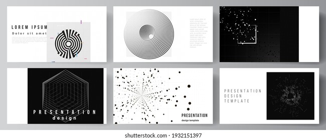 Diseño vectorial de las plantillas de diseño de diapositivas de presentación para el folleto de presentación, portada de folleto. Fondo de tecnología de color negro. Visualización digital del concepto de ciencia, medicina, tecnología.