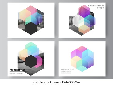 Vector layout of the presentation slides design business templates, multipurpose template with colorful hexagons, geometric shapes, tech background for presentation brochure, brochure cover, report.