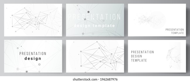 Vector layout of presentation slides design business templates, template for presentation brochure, brochure cover, report. Gray technology background with connecting lines and dots. Network concept.