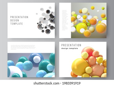 Vector layout of the presentation slides design business templates, multipurpose template for presentation brochure, report. Realistic vector background with multicolored 3d spheres, bubbles, balls.