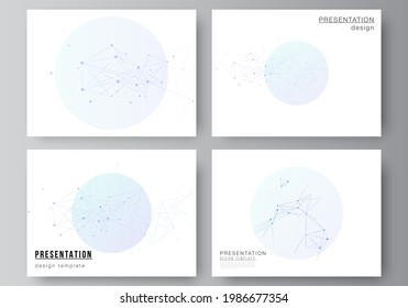 Diseño vectorial de diapositivas de presentación diseño de plantillas de negocio, plantilla multipropósito para el folleto de presentación, portada de folleto, informe. Fondo médico azul con líneas de conexión y puntos, plexus.