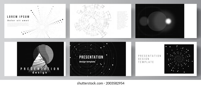 Diseño vectorial de las plantillas de diseño de diapositivas de presentación para el folleto de presentación, portada de folleto. Fondo de tecnología de color negro. Visualización digital del concepto de ciencia, medicina, tecnología.