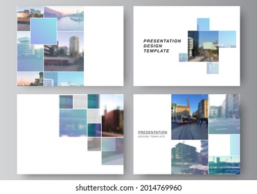 Vector layout of the presentation slides design business templates, multipurpose template for presentation brochure, brochure cover. Abstract design project in geometric style with blue squares.