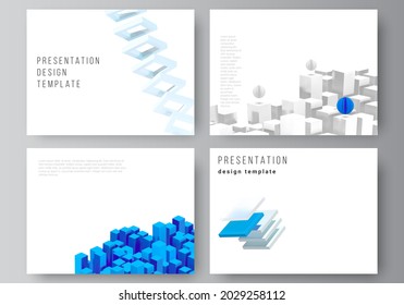 Vector layout of presentation slides design templates, template for presentation brochure, brochure cover, business report. 3d render vector composition with dynamic geometric blue shapes in motion.