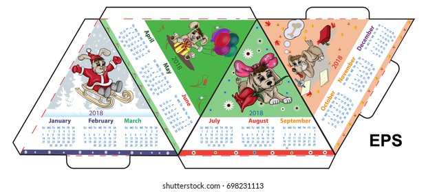 Vector layout for printing an A4 calendar for 2018 of an earth dog