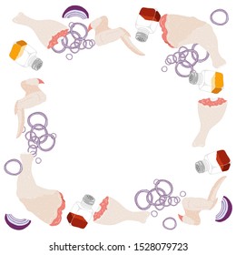 Vector layout of raw chicken, onions and spices. Food frame