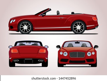 vector layout of red luxury convertible. View from three sides. Bentley Continental GT.