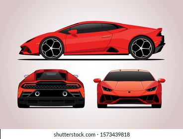 векторный макет красного спортивного автомобиля. Вид с трех сторон. Ламборгини Хуракан Эво.