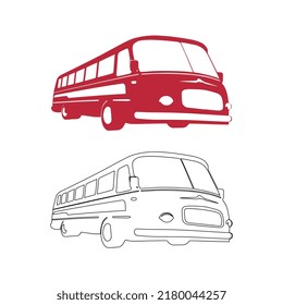 Vector Layout Of A Red Vintage Bus Silhouette, Hippie Vintage Bus, Retro Car Ad Art Illustration, Hand-drawing. Red Cartoon Bus With Shadow