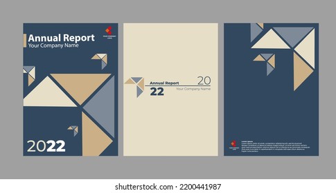 Vector layout report cover with geometric and polygonal arrow shape design. Design for the front, middle, and back pages.