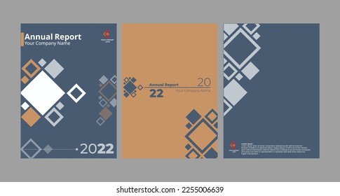 Vector layout report cover with geometric and square shape design. Design for the front, middle, and back pages.