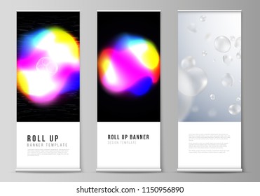 The vector layout of roll up banner stands, vertical flyers, flags design business templates. Sci-fi technology background. Abstract futuristic or medical consept backgrounds to choose from.