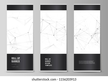 The vector layout of roll up banner stands, vertical flyers, flags design business templates. Technology, science, medical concept. Molecule structure, connecting lines and dots. Futuristic background