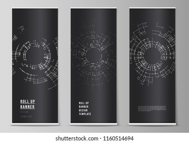 The vector layout of roll up banner stands, vertical flyers, flags design business templates. Network connection concept with connecting lines and dots. Technology design, digital geometric background