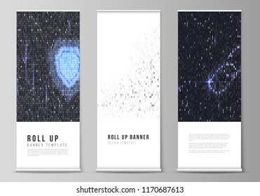 The vector layout of roll up banner stands, vertical flyers, flags design business templates. Binary code background. AI, big data, coding or hacker concept, digital technology background.