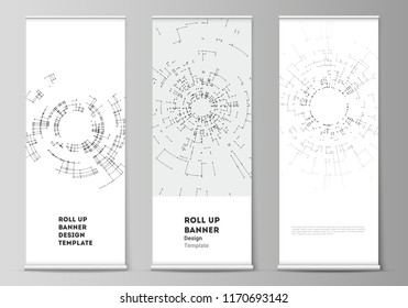 The vector layout of roll up banner stands, vertical flyers, flags design business templates. Network connection concept with connecting lines and dots. Technology design, digital geometric background