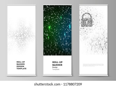 The vector layout of roll up banner stands, vertical flyers, flags design business templates. Binary code background. AI, big data, coding or hacker concept, digital technology background.