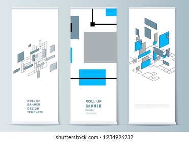 The vector layout of roll up banner stands, vertical flyers, flags design business templates. Abstract polygonal background, colorful mosaic pattern, retro bauhaus de stijl design.